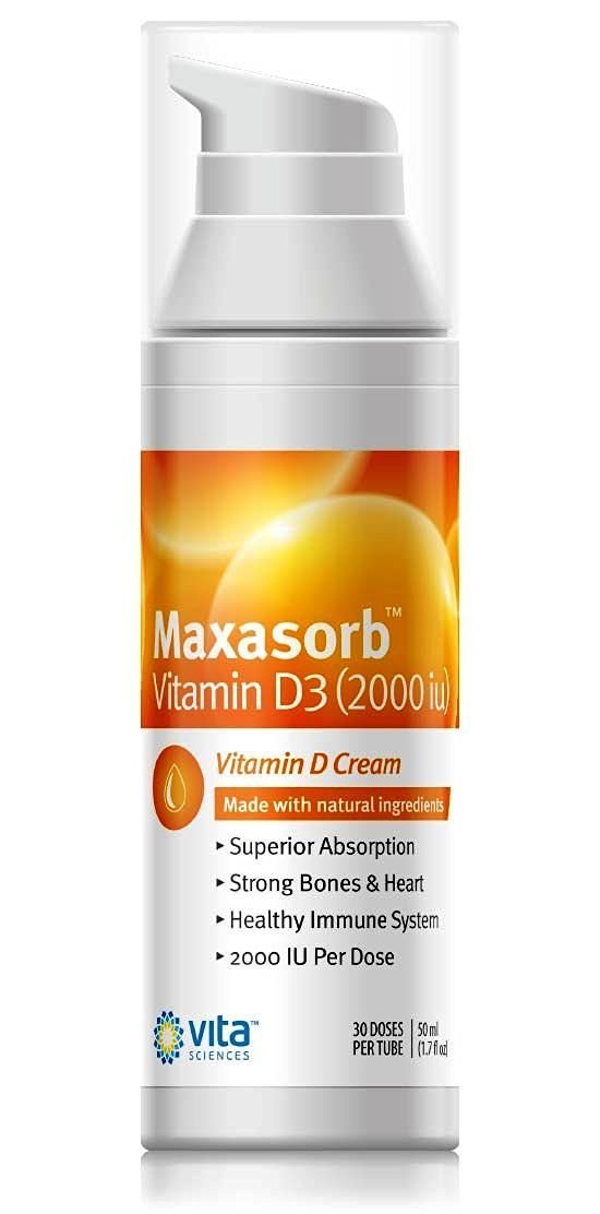 Vita Sciences Maxasorb etiqueta con información de 2,000 IU, lectura clara