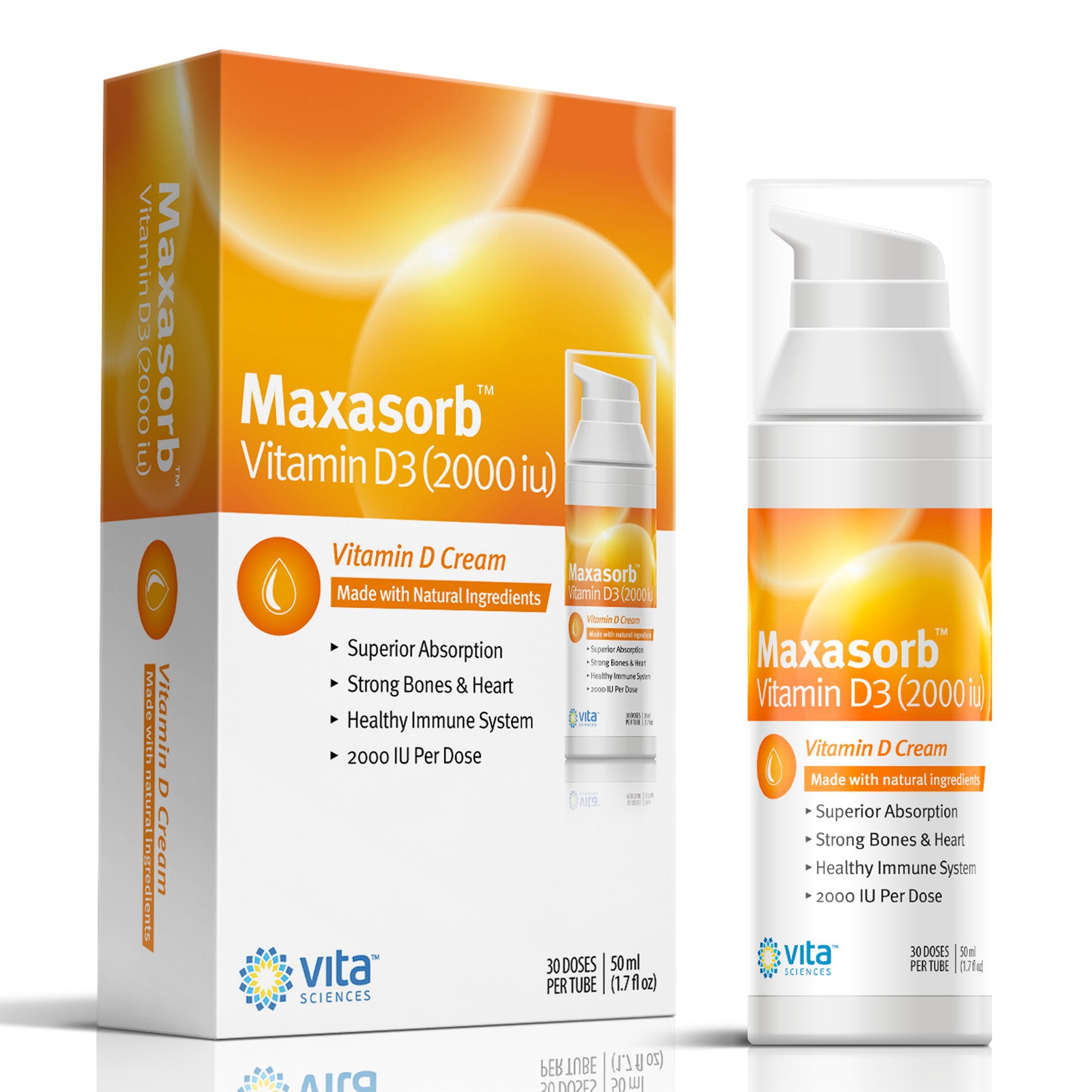 Vita Sciences Maxasorb frente del envase, presenta dosificador y uso diario