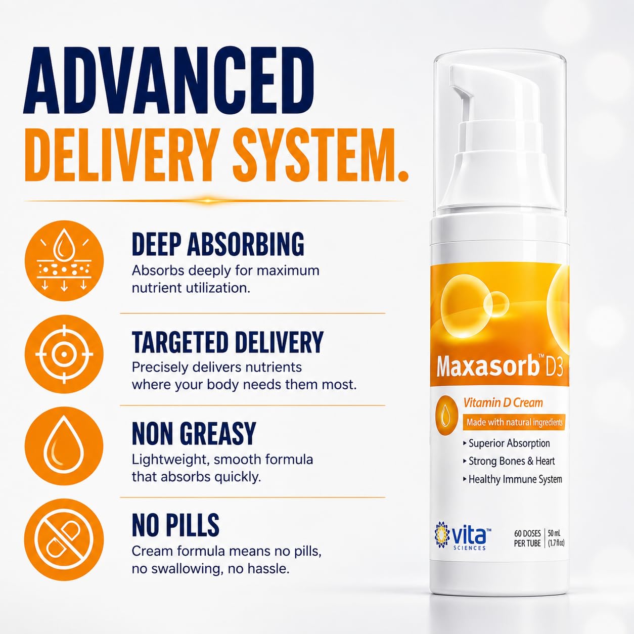 Vita Sciences Maxasorb crema en la mano aplicándose, práctico para la rutina