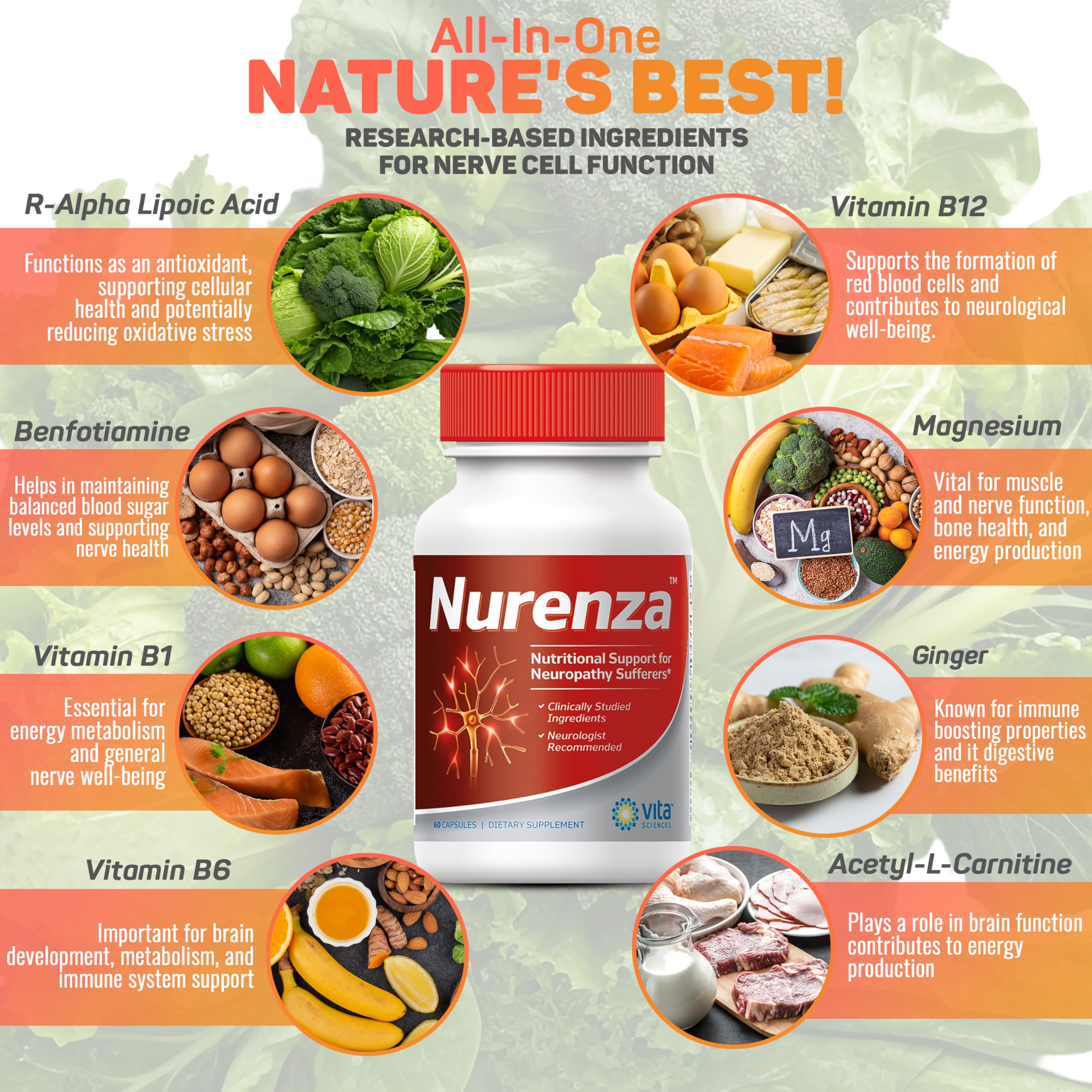 Vita Sciences Nurenza ingredientes en mesa mostrando calidad y pureza
