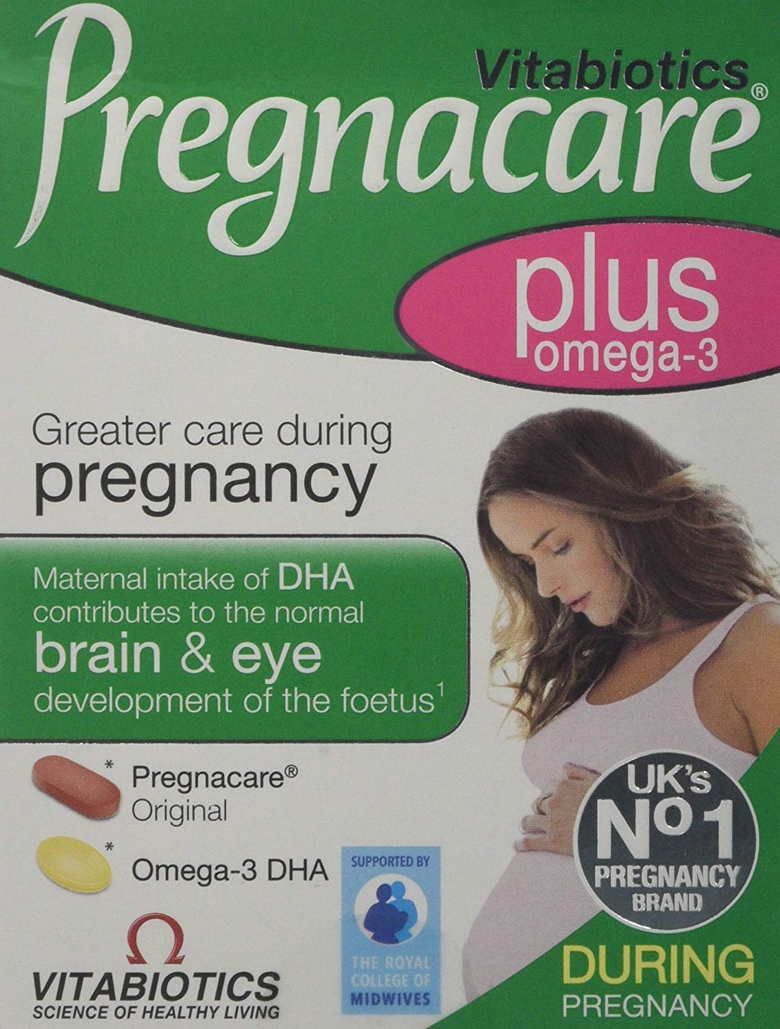 Vitabiotics Pregnacare Plus Omega 3 vista frontal, envase doble y conveniencia