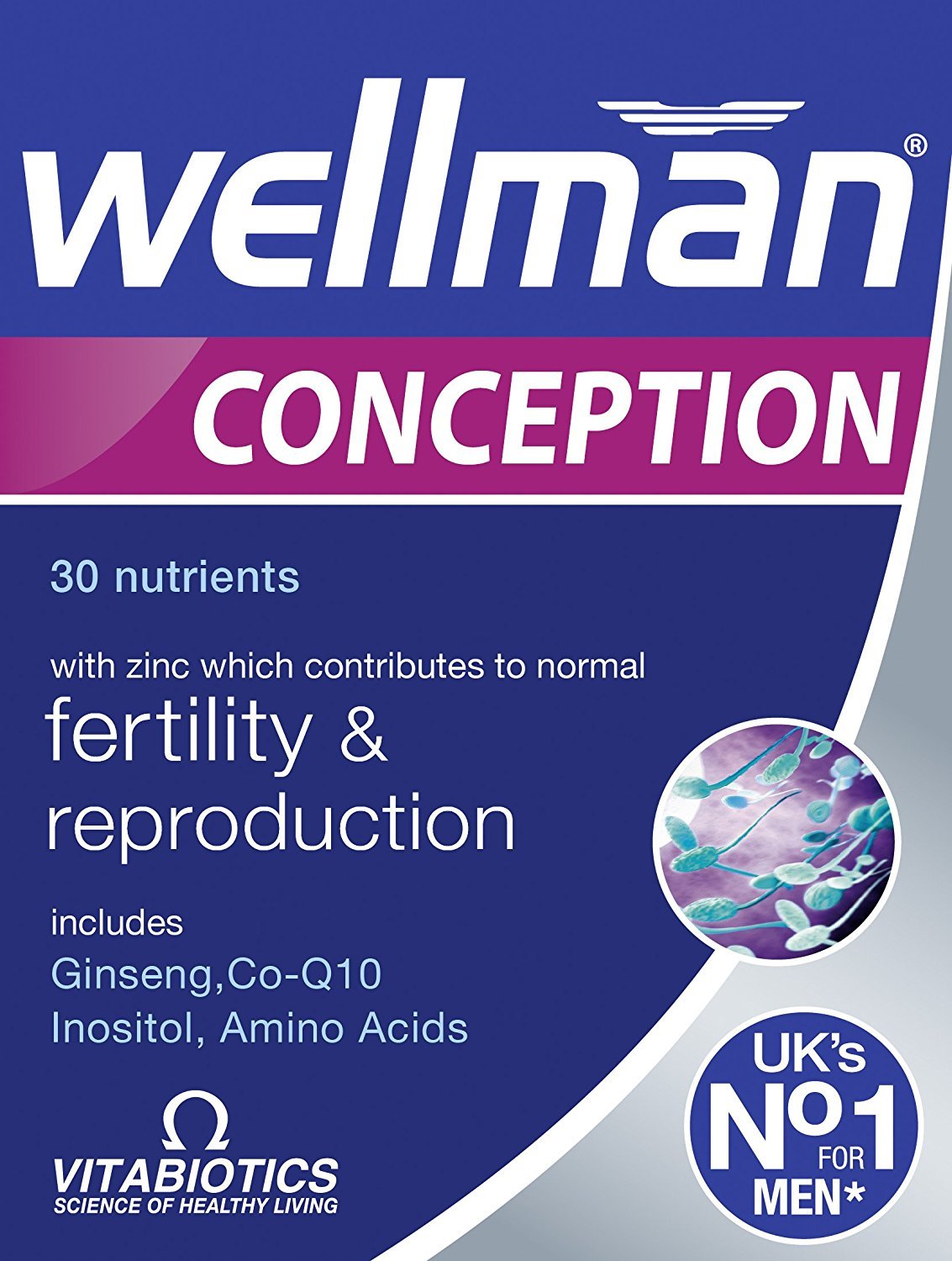 Vitabiotics Wellman Conception vista frontal mostrando envase y beneficio nutricional
