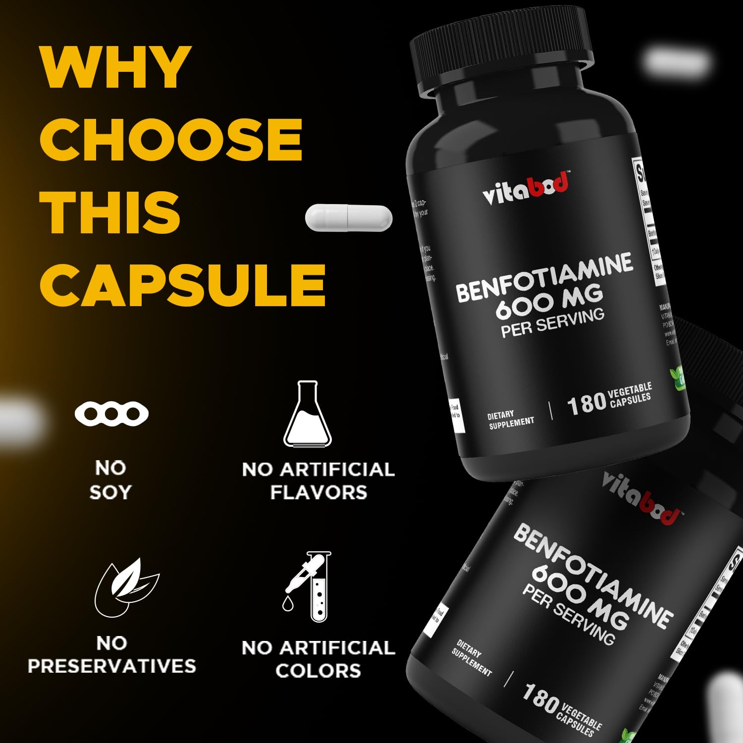 Vitabod etiqueta nutricional visible que destaca 600 mg por porción y pruebas de terceros