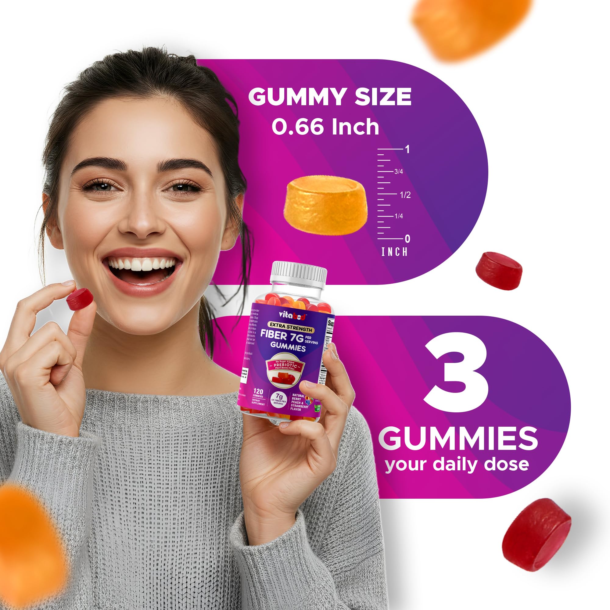 Comparación de tamaño de las gominolas Vitabod junto a una moneda para escala visual
