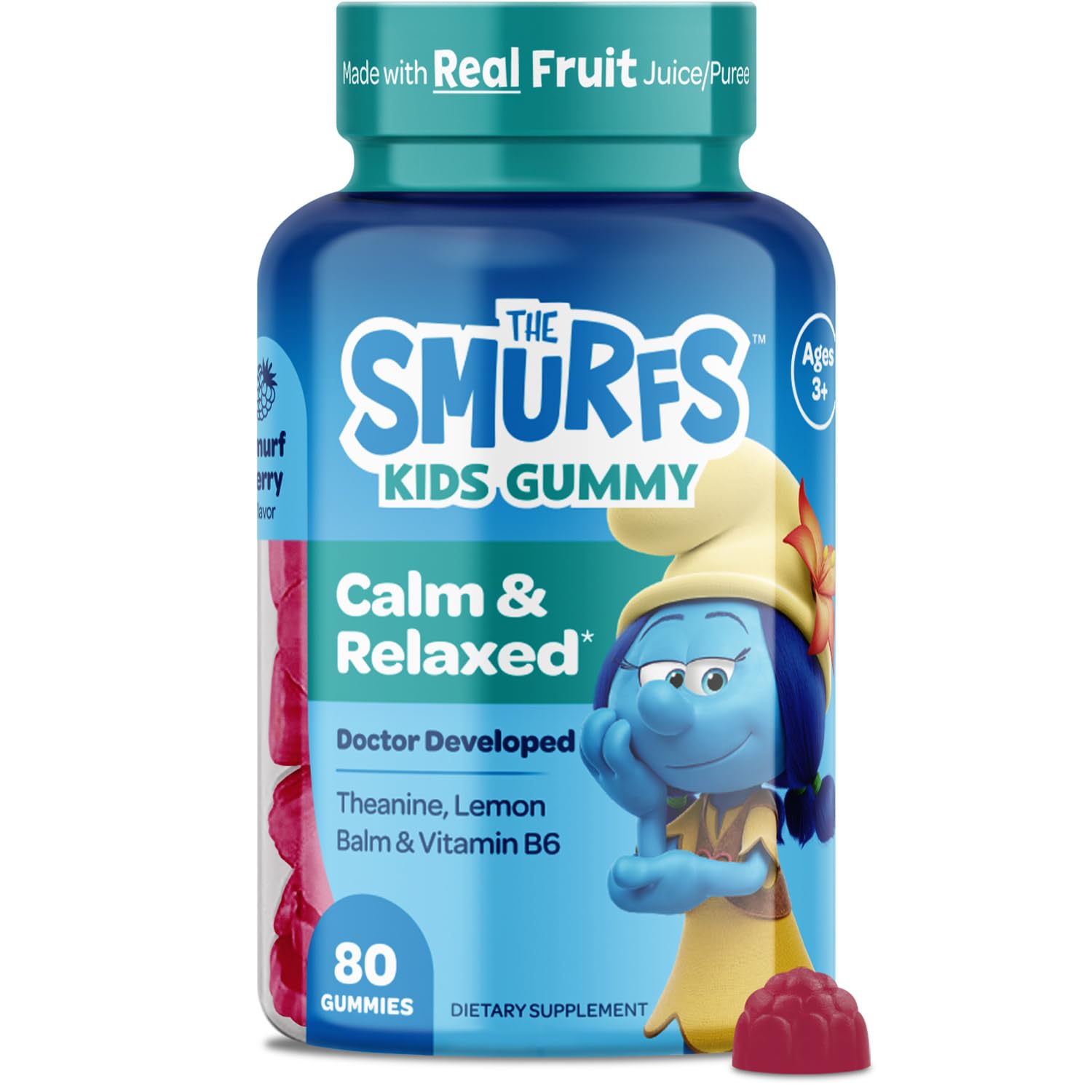 VITABURST envase frontal de Smurfs Calm Gummies mostrando diseño atractivo y claridad