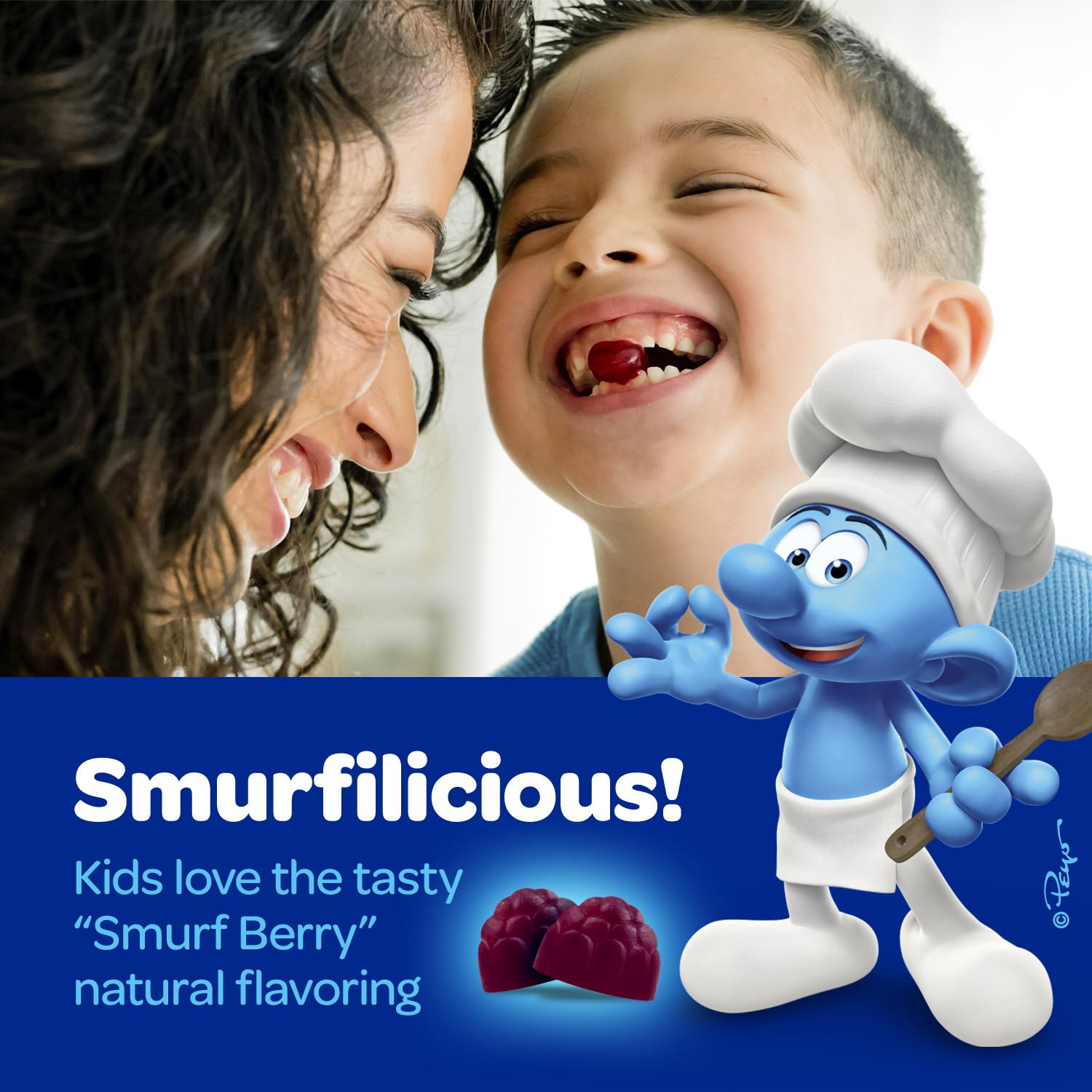 VITABURST Smurfs gomitas en mano para ver tamaño y porción segura