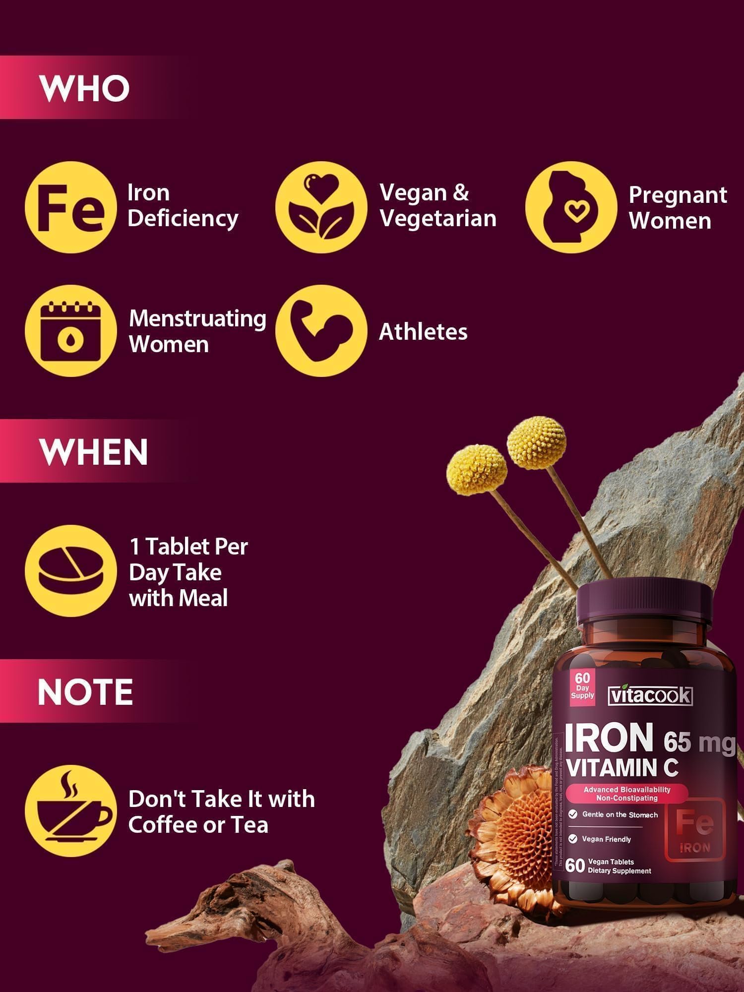 Vitacook etiqueta nutricional mostrando hierro 65 mg y vitamina C 250 mg