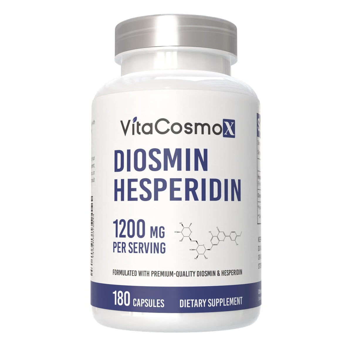 VitaCosmoX frasco frontal que muestra 180 cápsulas y diseño claro para almacenamiento prolongado