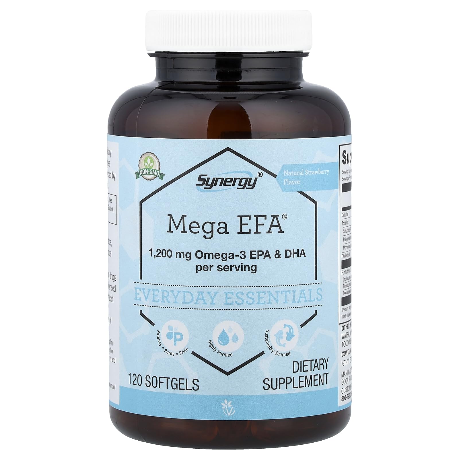 Vitacost Synergy Mega EFA frente del envase mostrando cantidad y sabor fresa