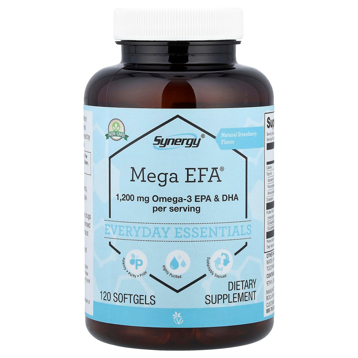 Vitacost Synergy Mega EFA frente del envase mostrando cantidad y sabor fresa