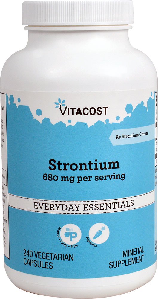 Vitacost Strontium frente del frasco mostrando etiqueta y beneficio de concentración alta