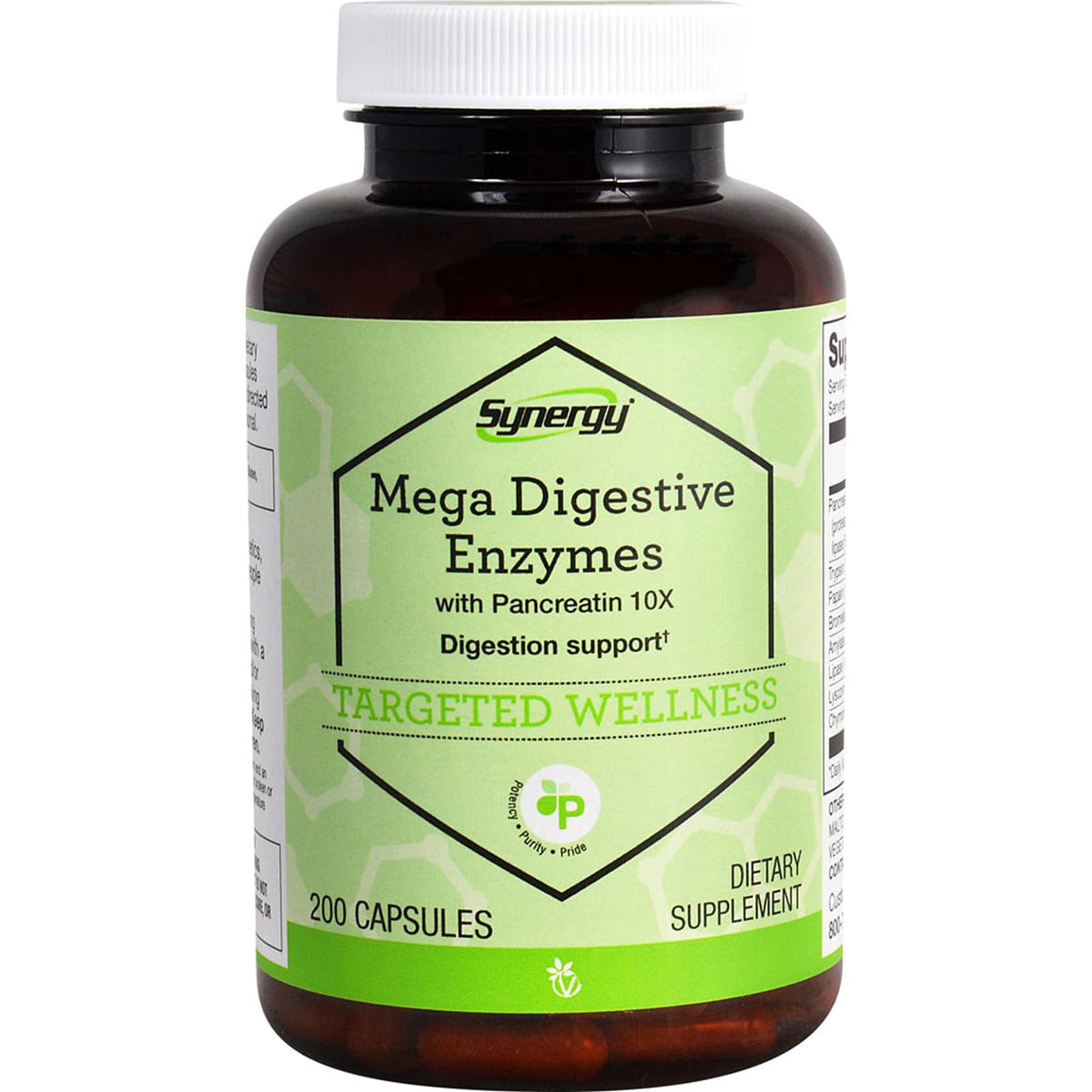 Vitacost Synergy frasco frontal mostrando 200 cápsulas y etiqueta, apoyo digestivo claro