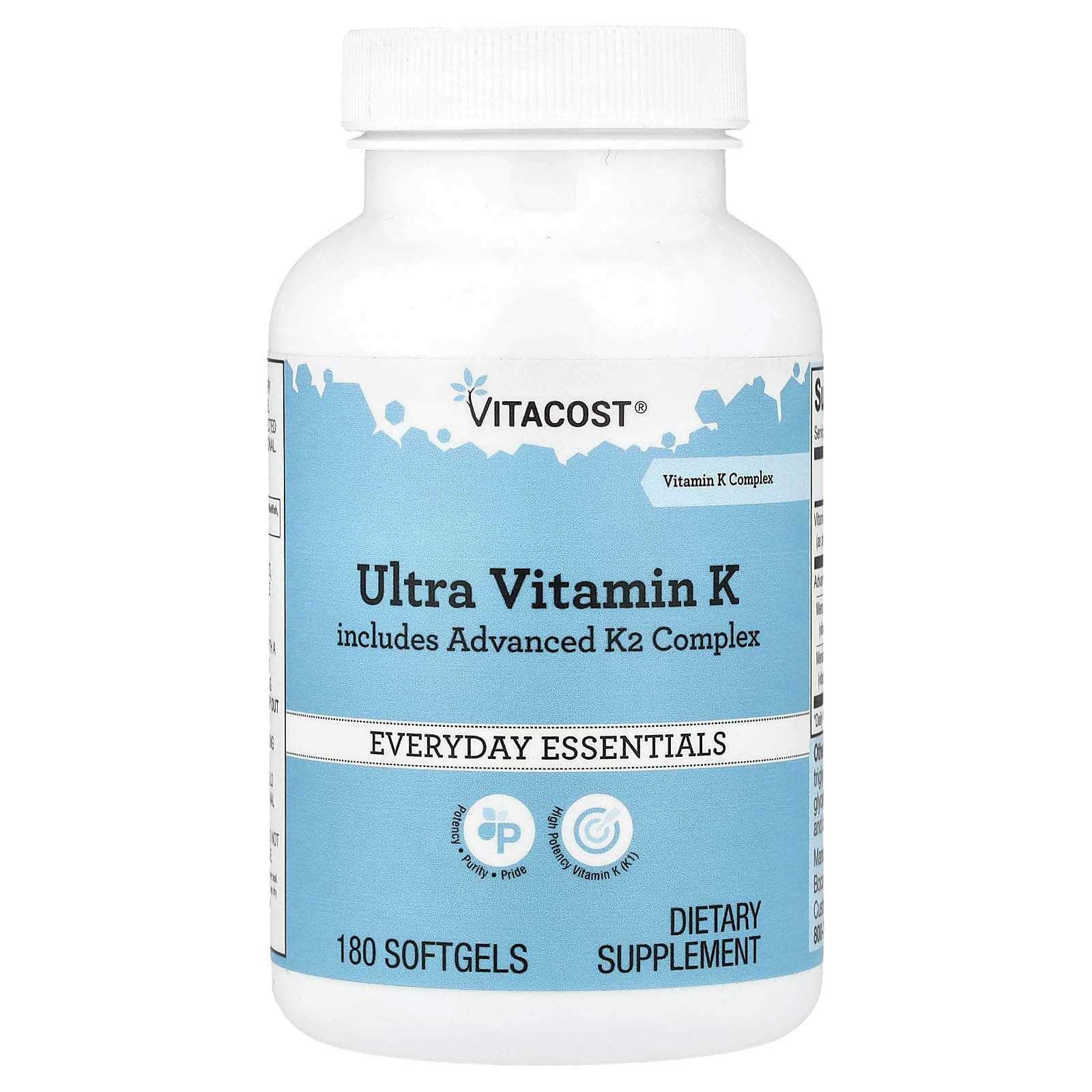 Vitacost Ultra Vitamin K imagen del frente del envase mostrando 180 softgels y beneficios clave
