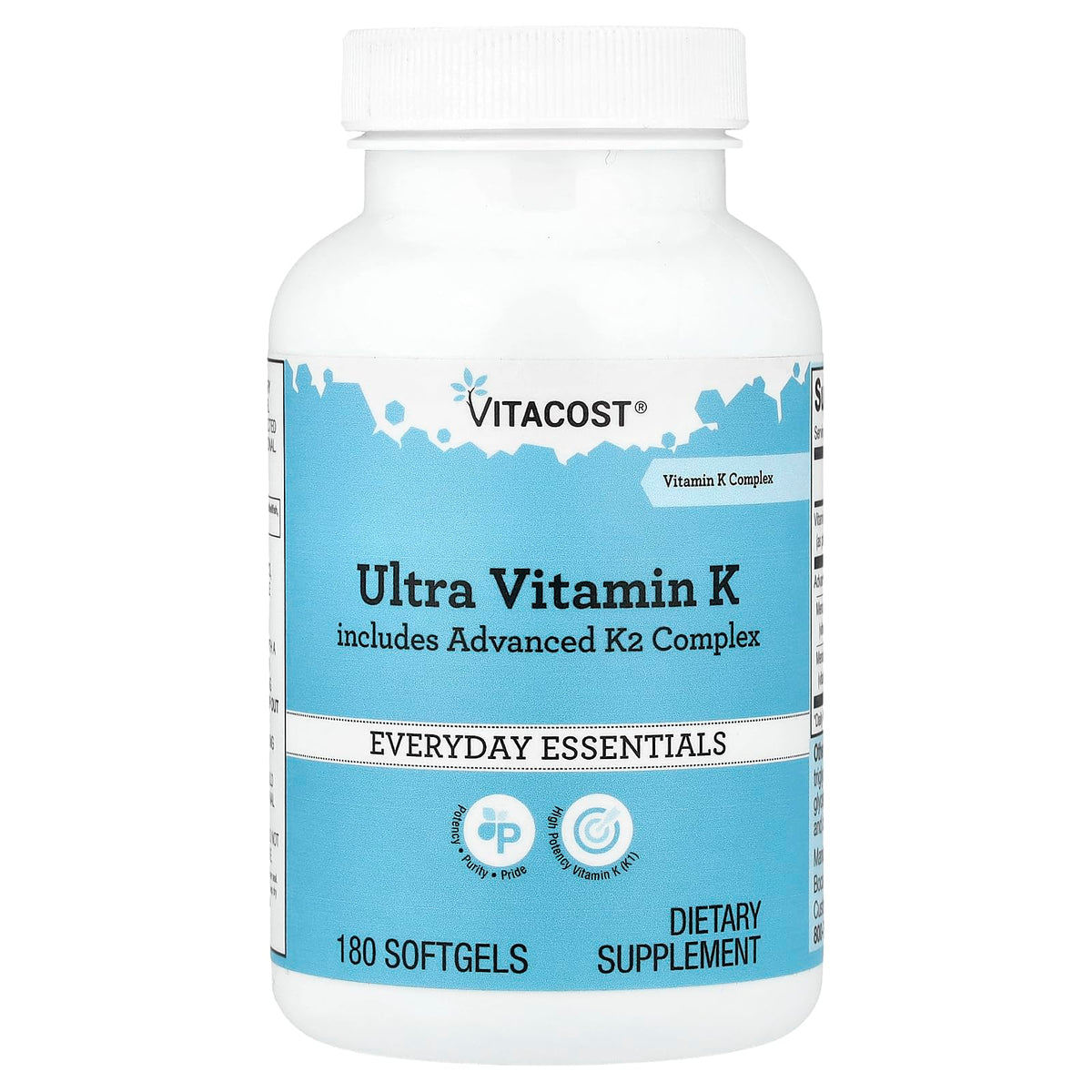 Vitacost Ultra Vitamin K imagen del frente del envase mostrando 180 softgels y beneficios clave