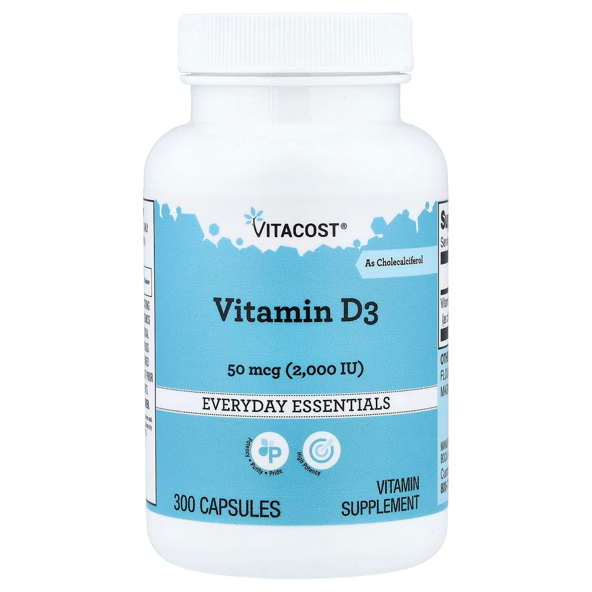 Vitacost botella frontal de vitamina D3 2000 IU mostrando etiqueta y beneficio de aporte concentrado