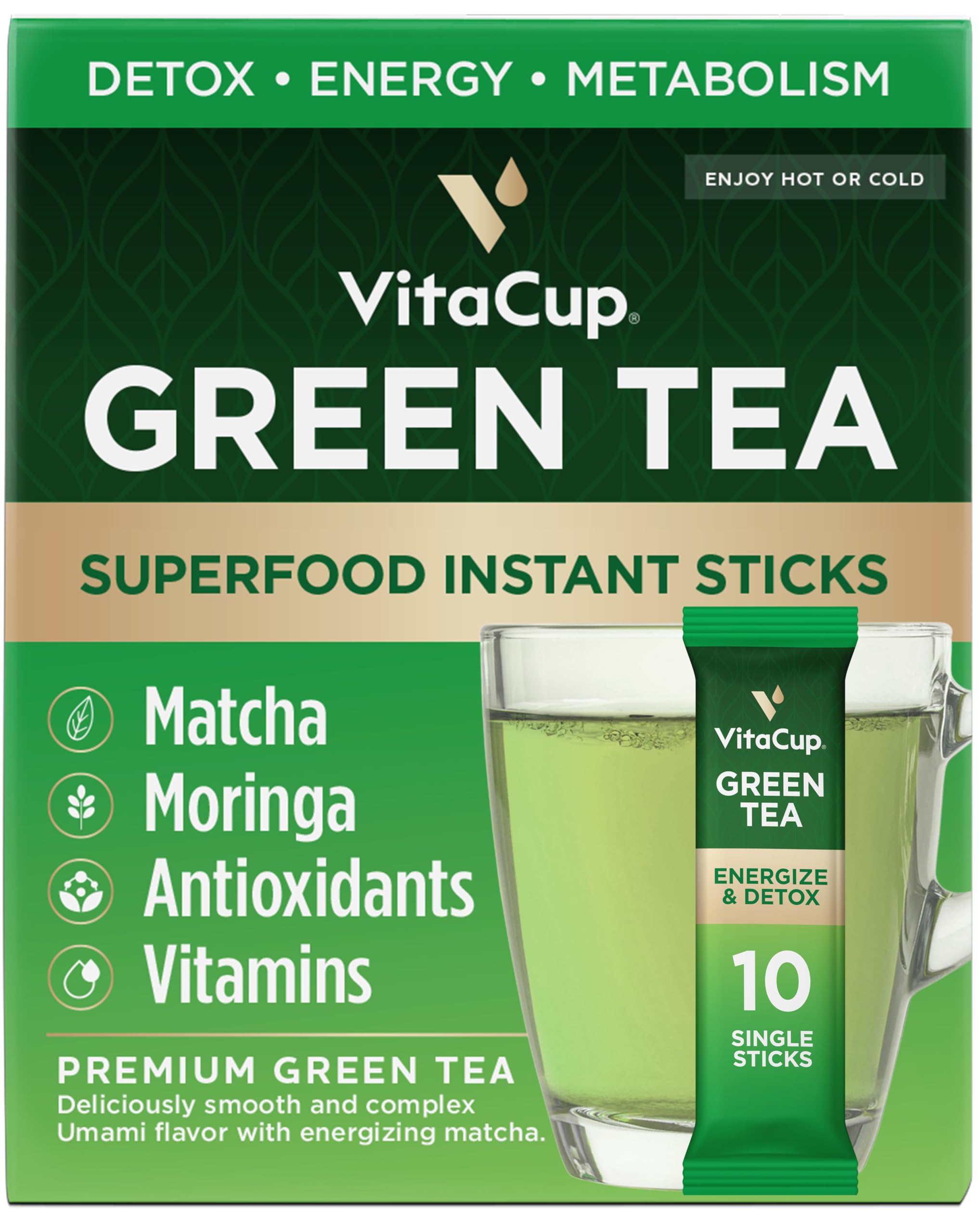VitaCup caja delantera mostrando sobres individuales y beneficios prácticos
