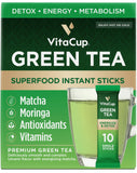 VitaCup caja delantera mostrando sobres individuales y beneficios prácticos