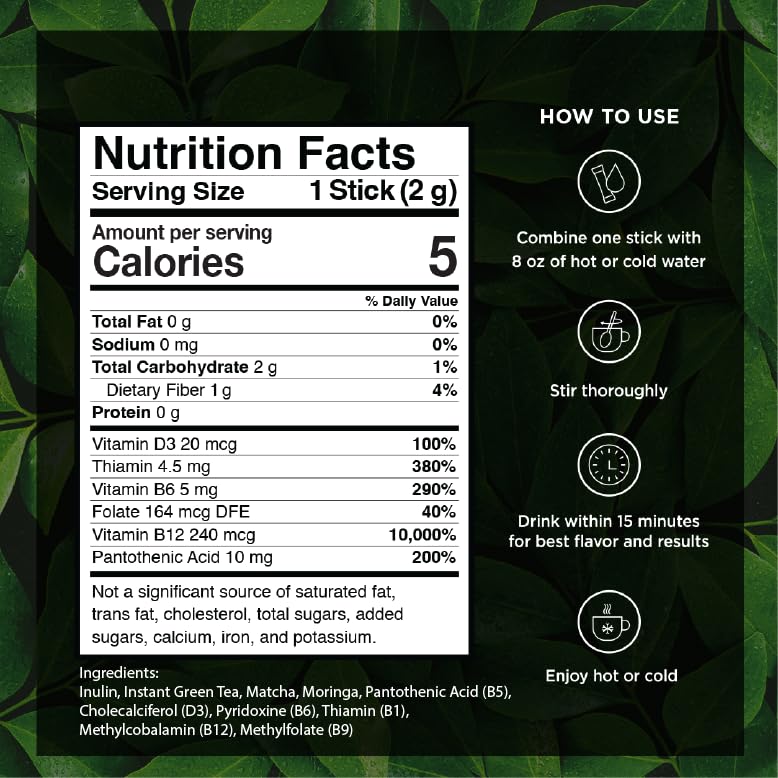 VitaCup etiqueta de ingredientes destacando matcha, moringa y vitaminas