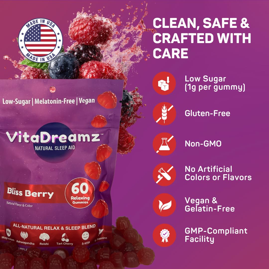 VitaDreamz etiqueta con ingredientes clave que resalta magnesio y ashwagandha beneficios