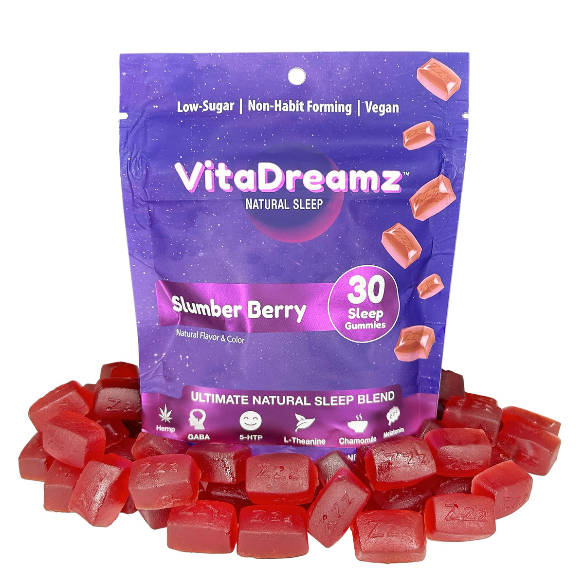 VitaDreamz frasco delante mostrando diseño y conteo 30 gomitas para conveniencia