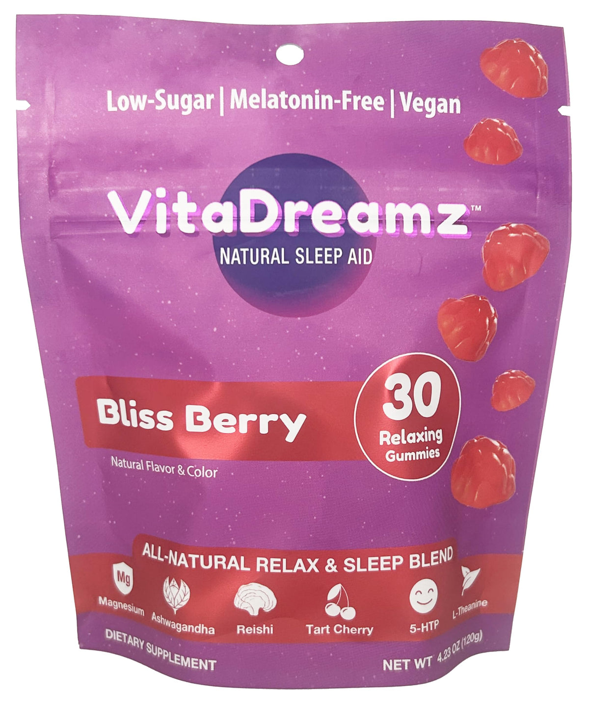 VitaDreamz frente del empaque Bliss Berry mostrando diseño y beneficios