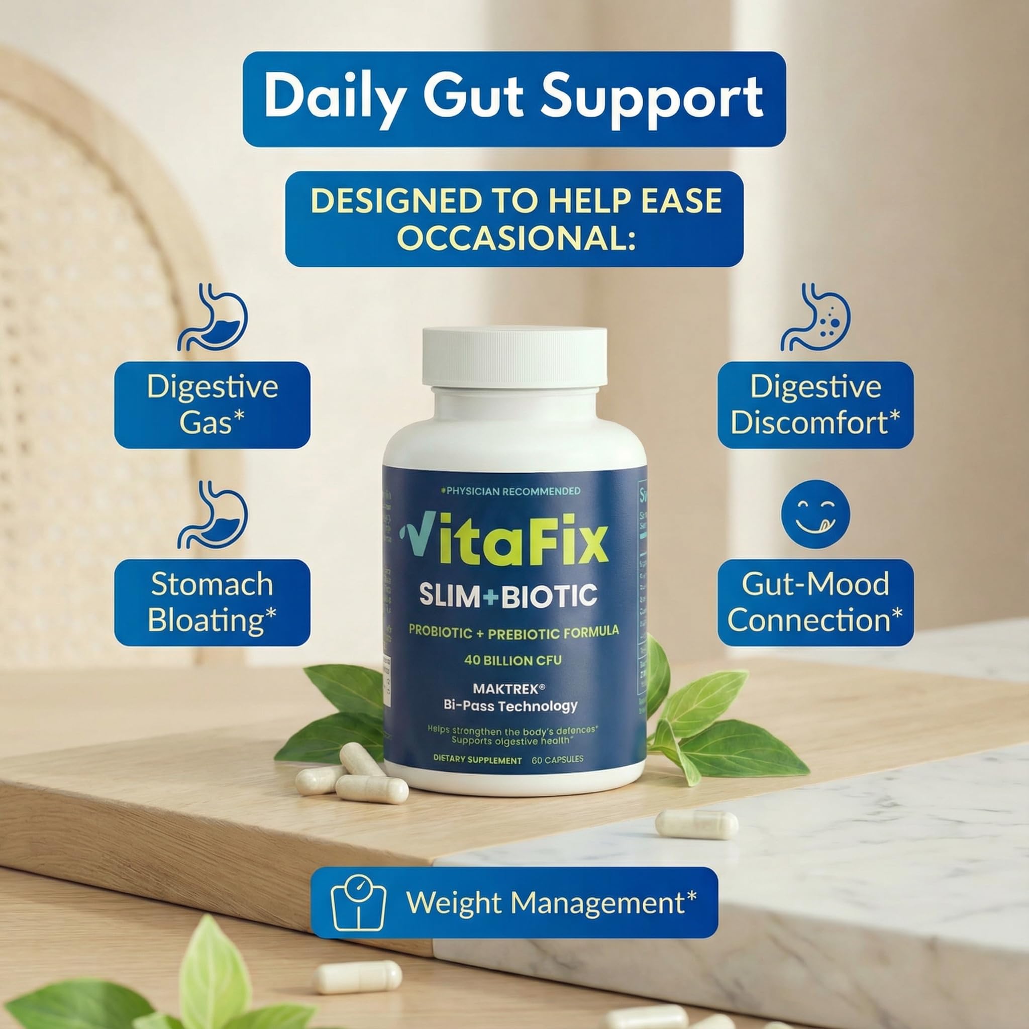 VitaFix polvo prebiótico detalle mostrando fibra que nutre bacterias beneficiosas