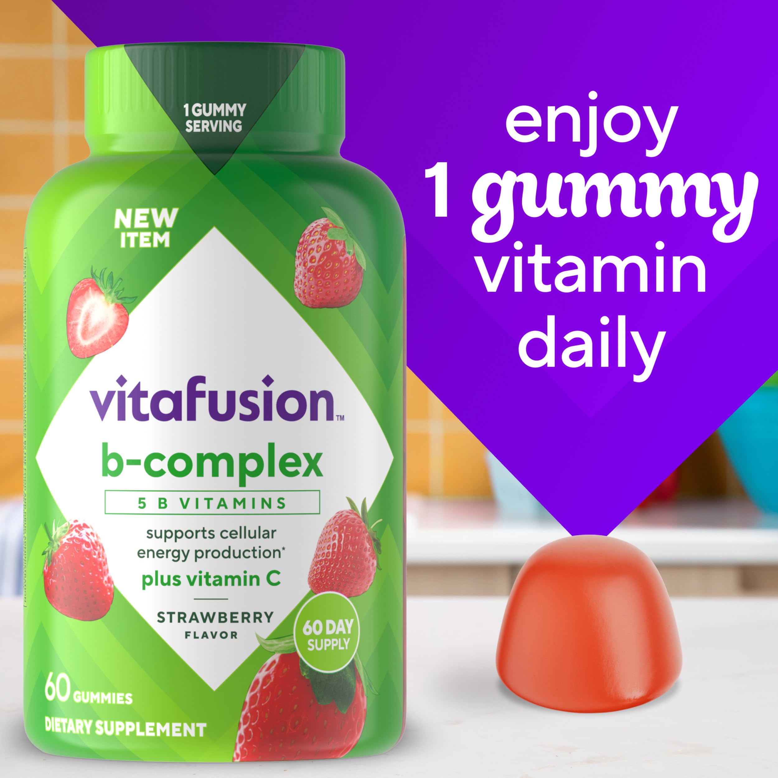 Vitafusion botella abierta con gominolas visibles facilidad de uso