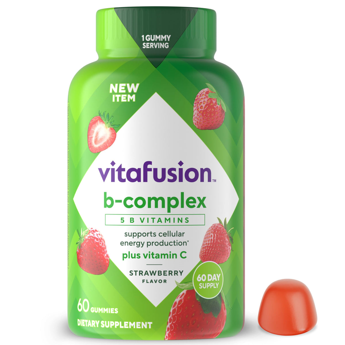 Vitafusion frasco frente mostrando etiqueta y beneficio de vitaminas B