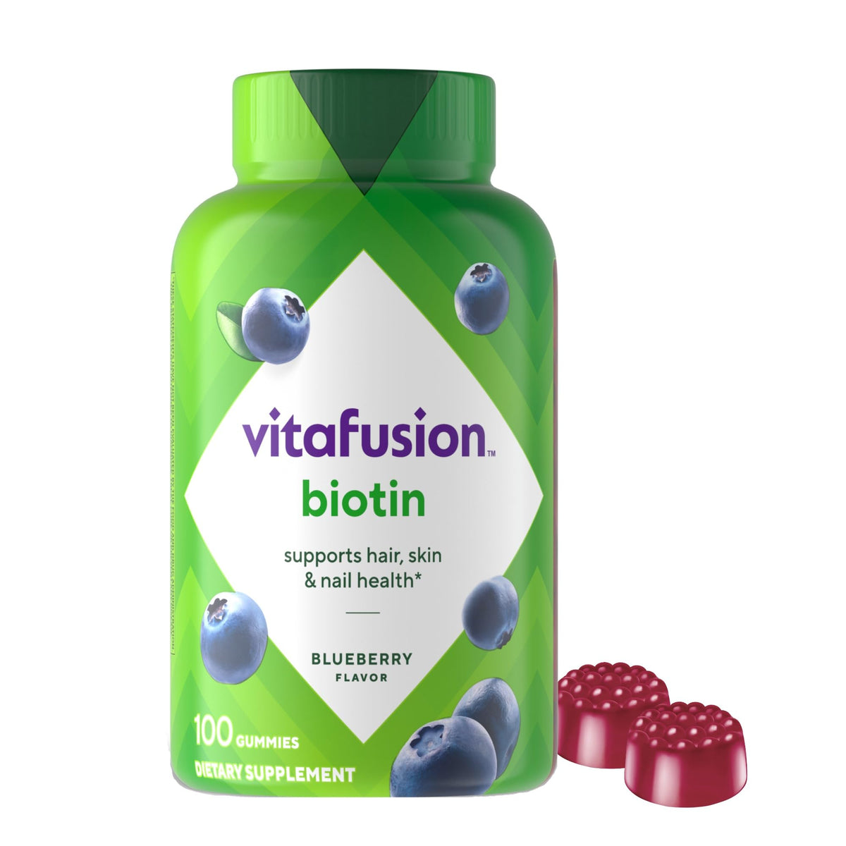 Vitafusion frente del envase mostrando 100 gomitas y beneficio conveniencia