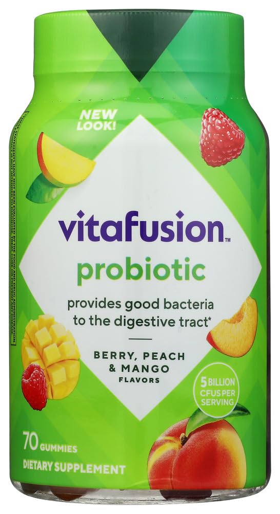 Vitafusion frasco frontal mostrando 70 gomitas y beneficios de conveniencia