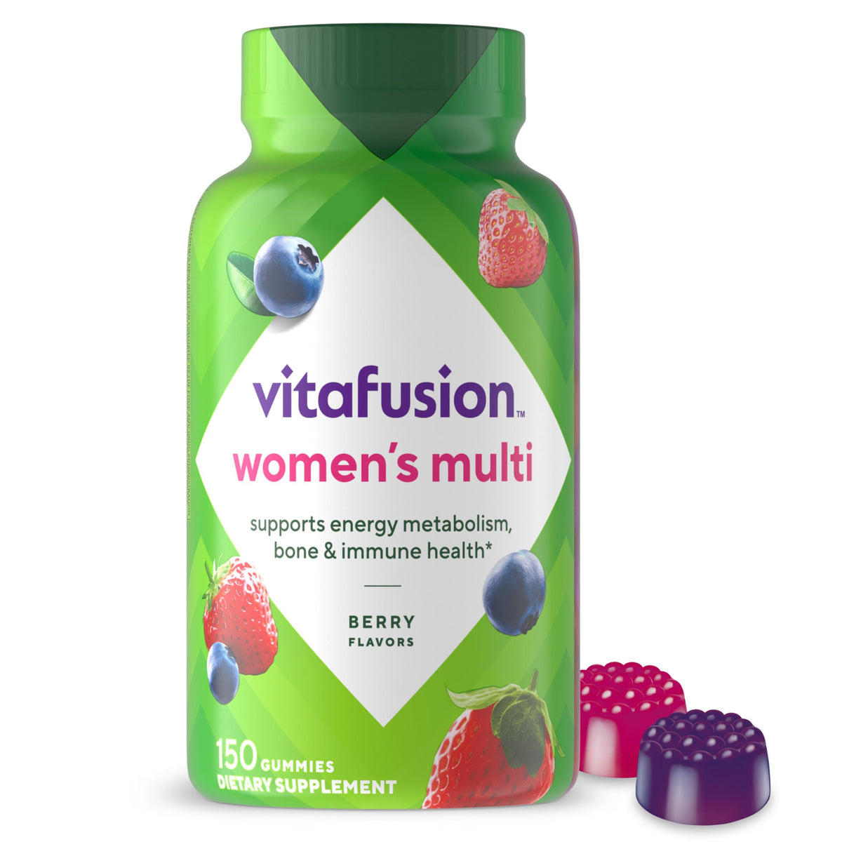 Vitafusion tarro frontal mostrando diseño y cantidad, conveniencia diaria