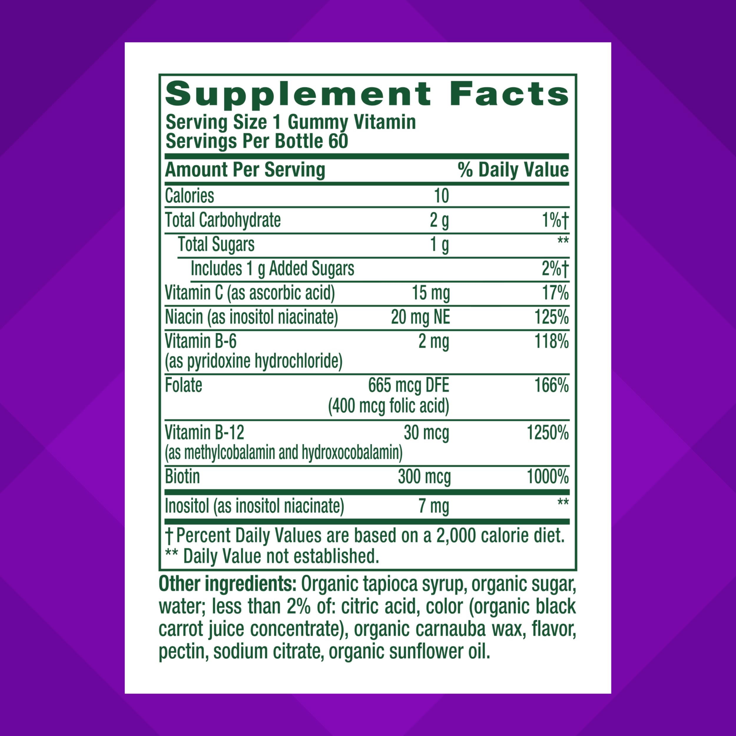 Vitafusion representación de vitaminas B y vitamina C en ingredientes