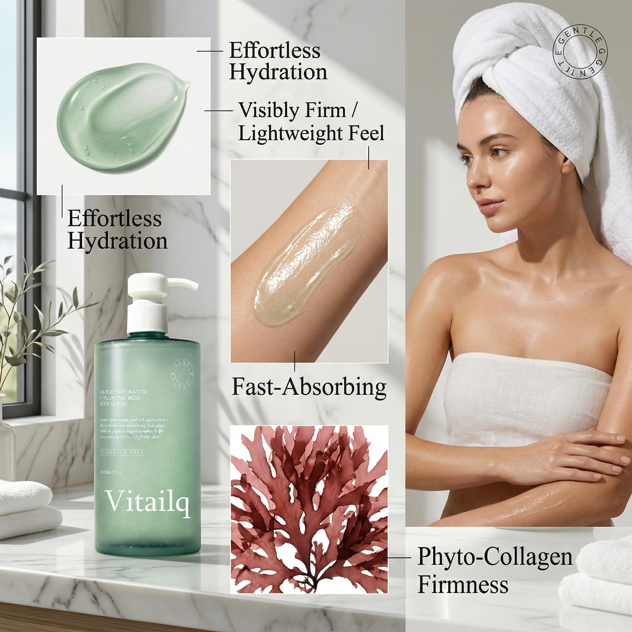 Vitailq Beauty botella abierta con sérum, sugiere fácil dosificación y uso diario
