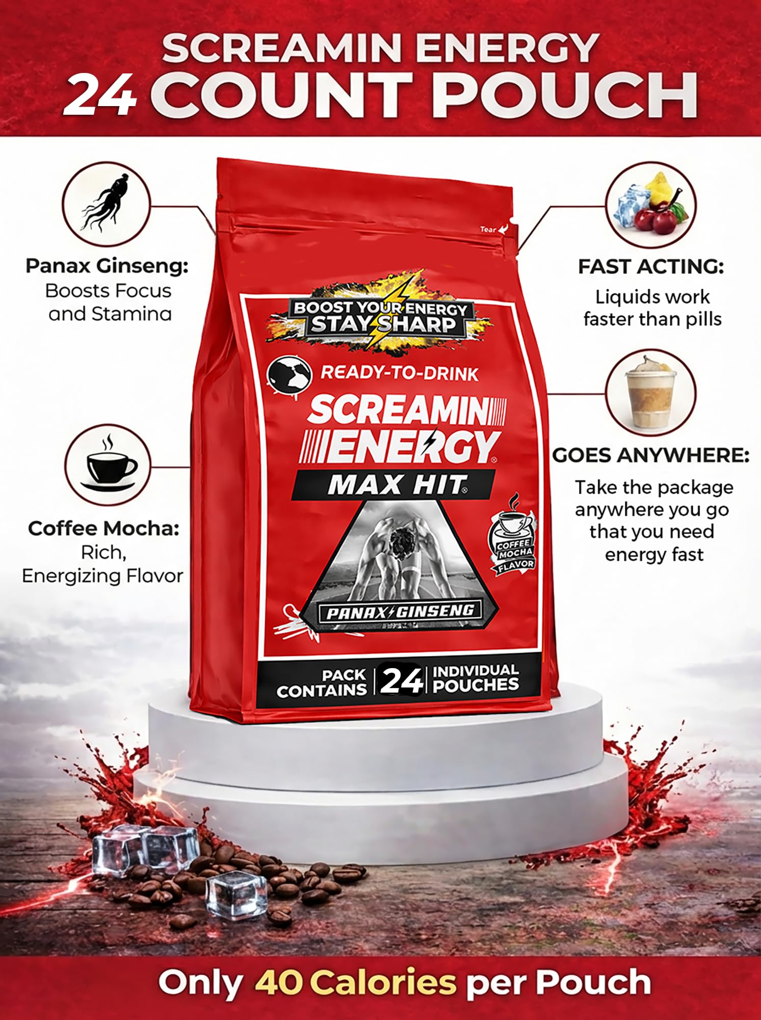 VITAL 4U paquete junto a granos de café, sabor coffee mocha