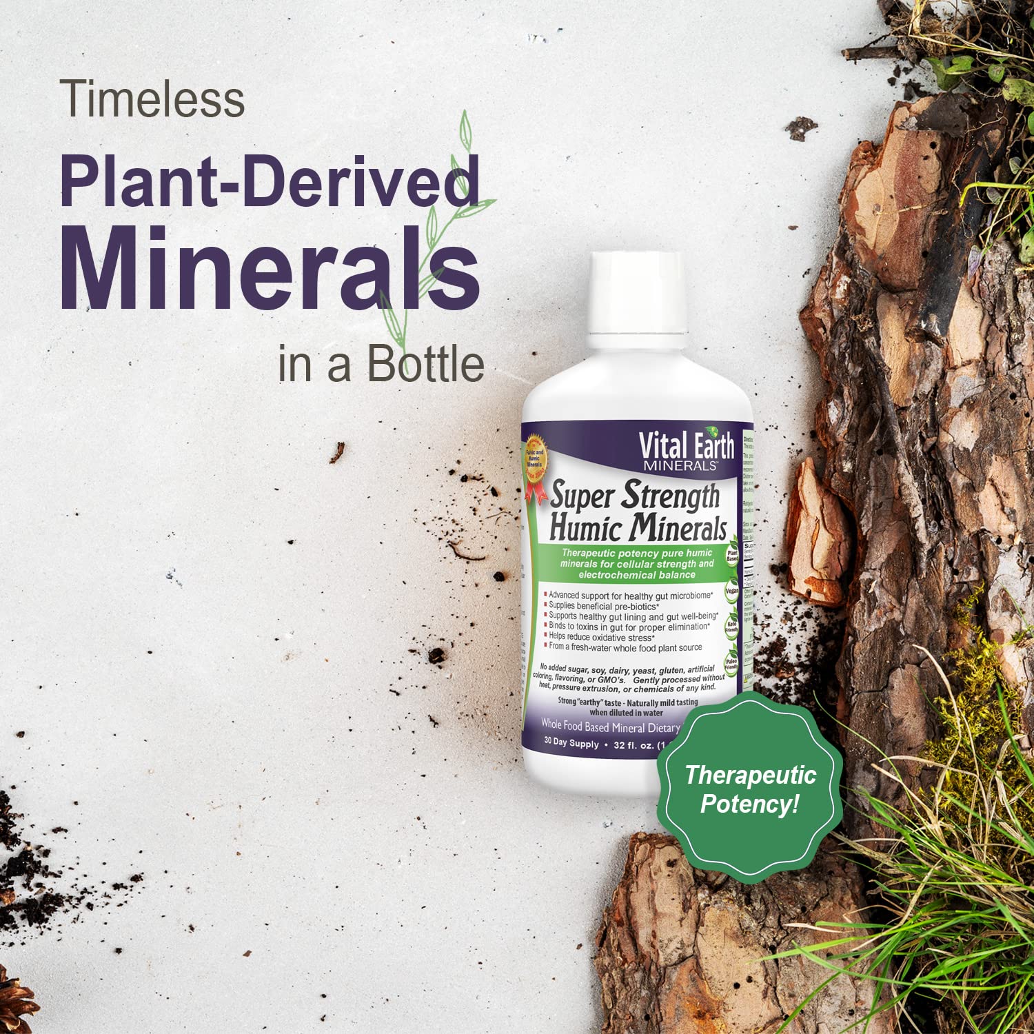 Vital Earth Minerals botella abierta vertiendo en agua para preparar bebida