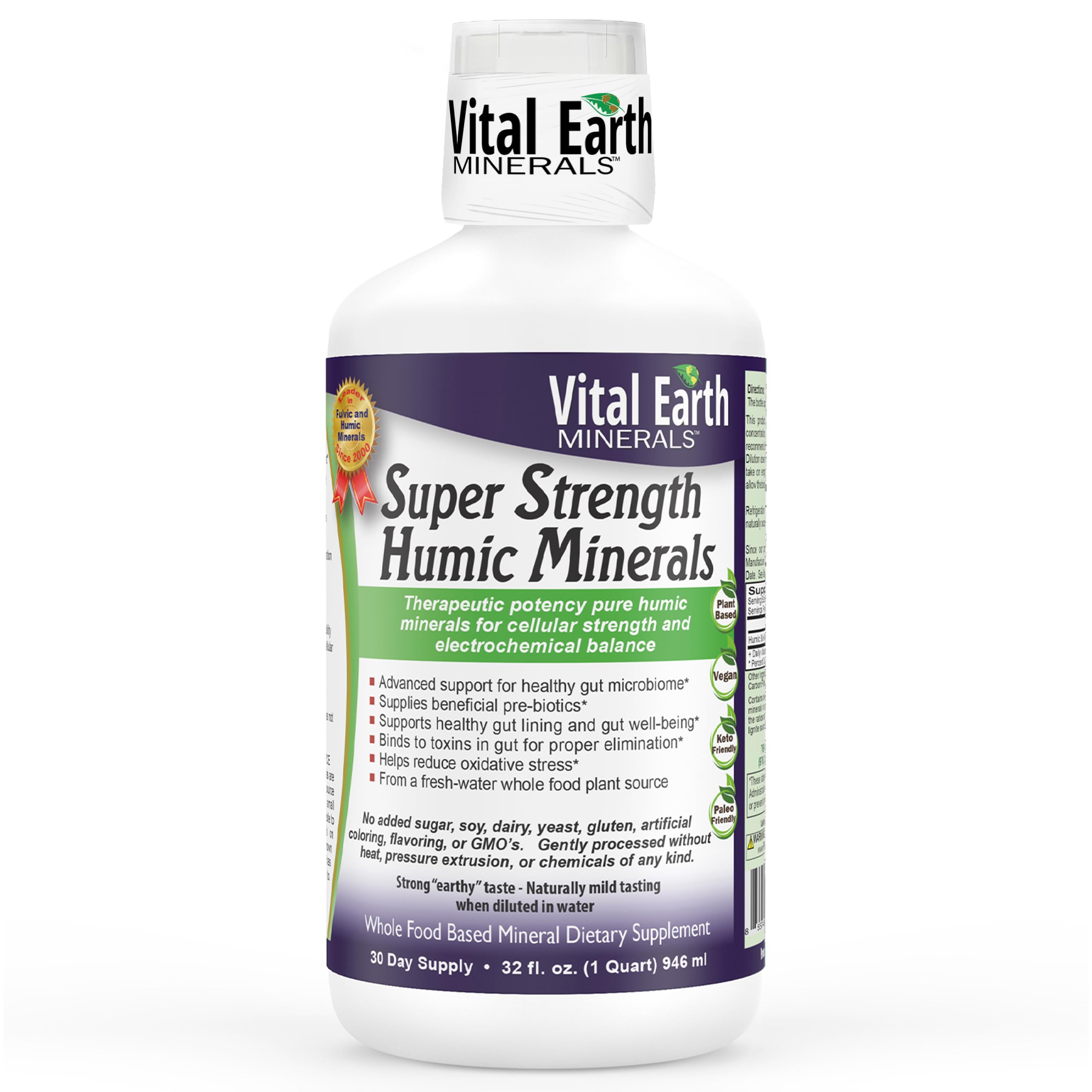 Vital Earth Minerals frente del envase mostrando 32 oz y dosificador