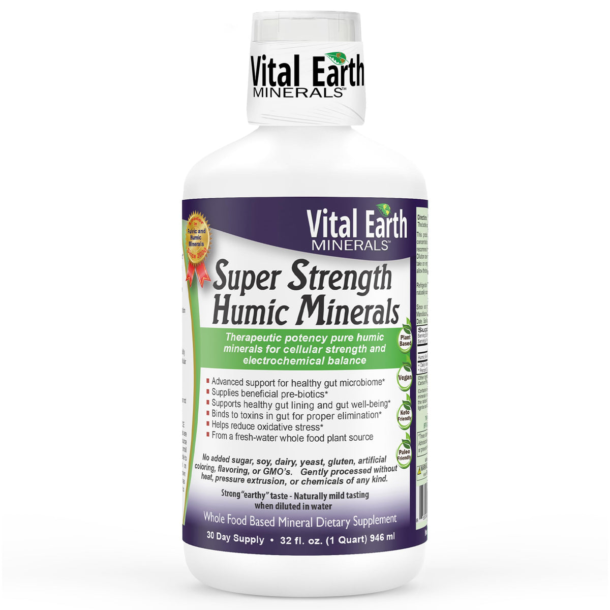 Vital Earth Minerals frente del envase mostrando 32 oz y dosificador