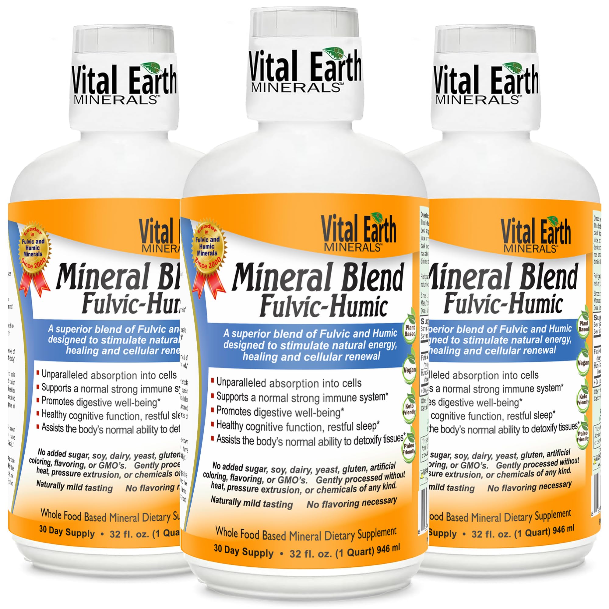 Vital Earth Minerals frente del pack mostrando tres botellas, práctico para reposición