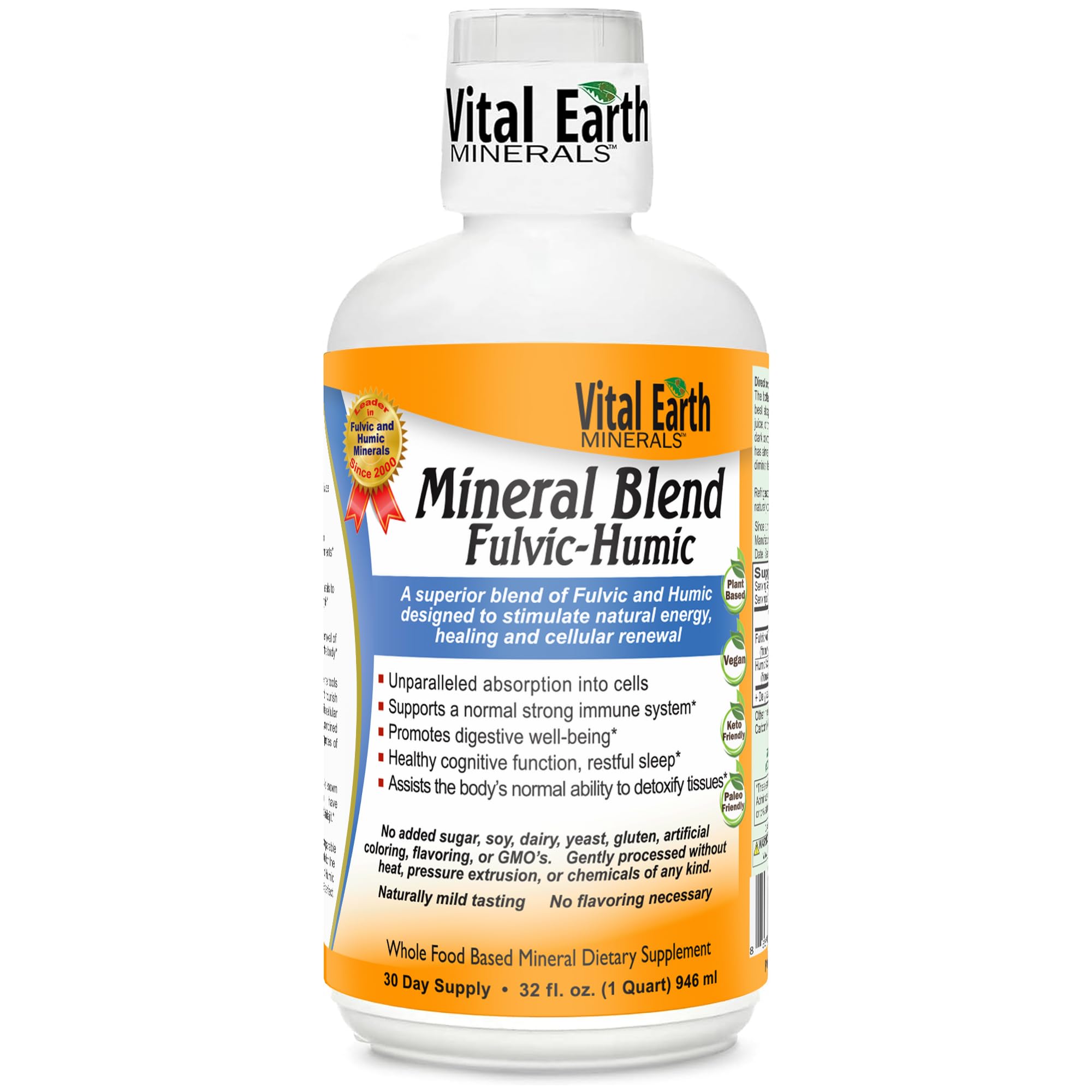 Vital Earth Minerals botella frontal mostrando etiqueta y beneficios visibles