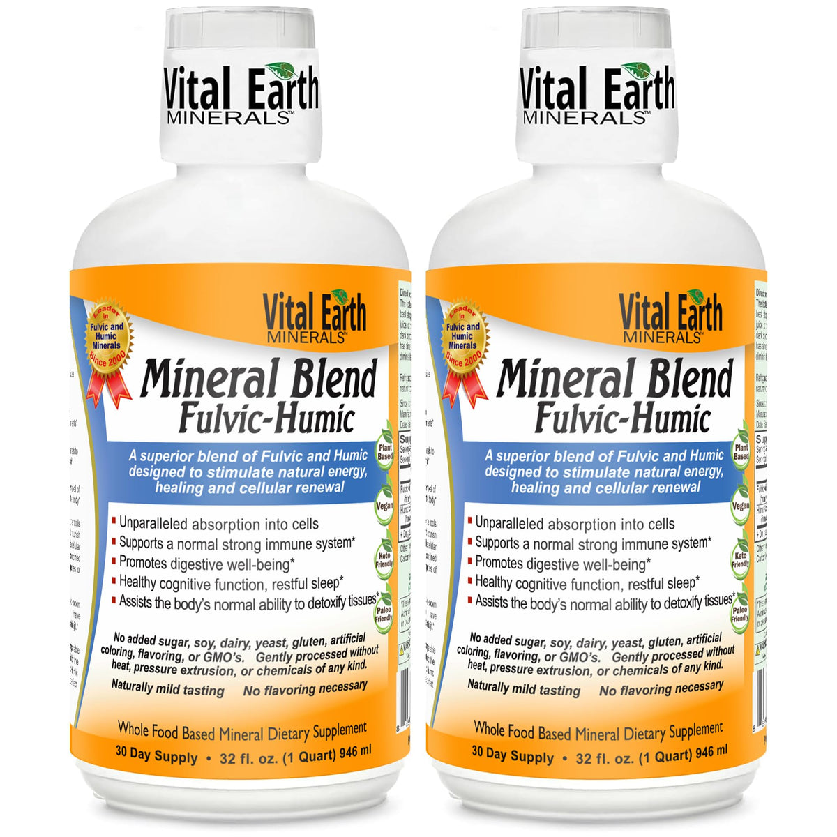 Vital Earth Minerals frontal del envase mostrando doble botella y etiqueta clara