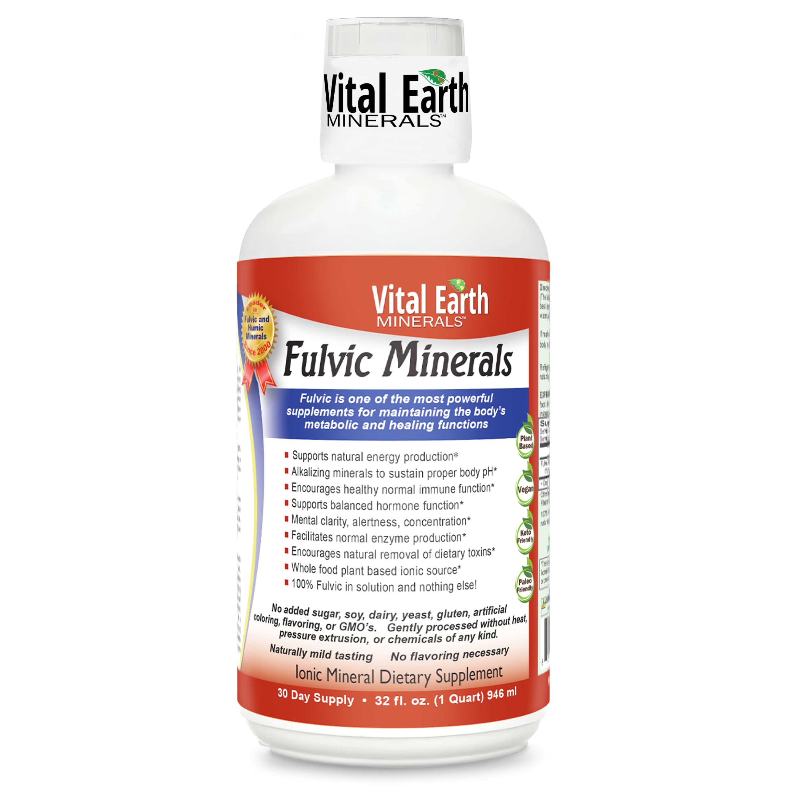 Vital Earth Minerals botella frontal mostrando etiqueta y beneficio mineral