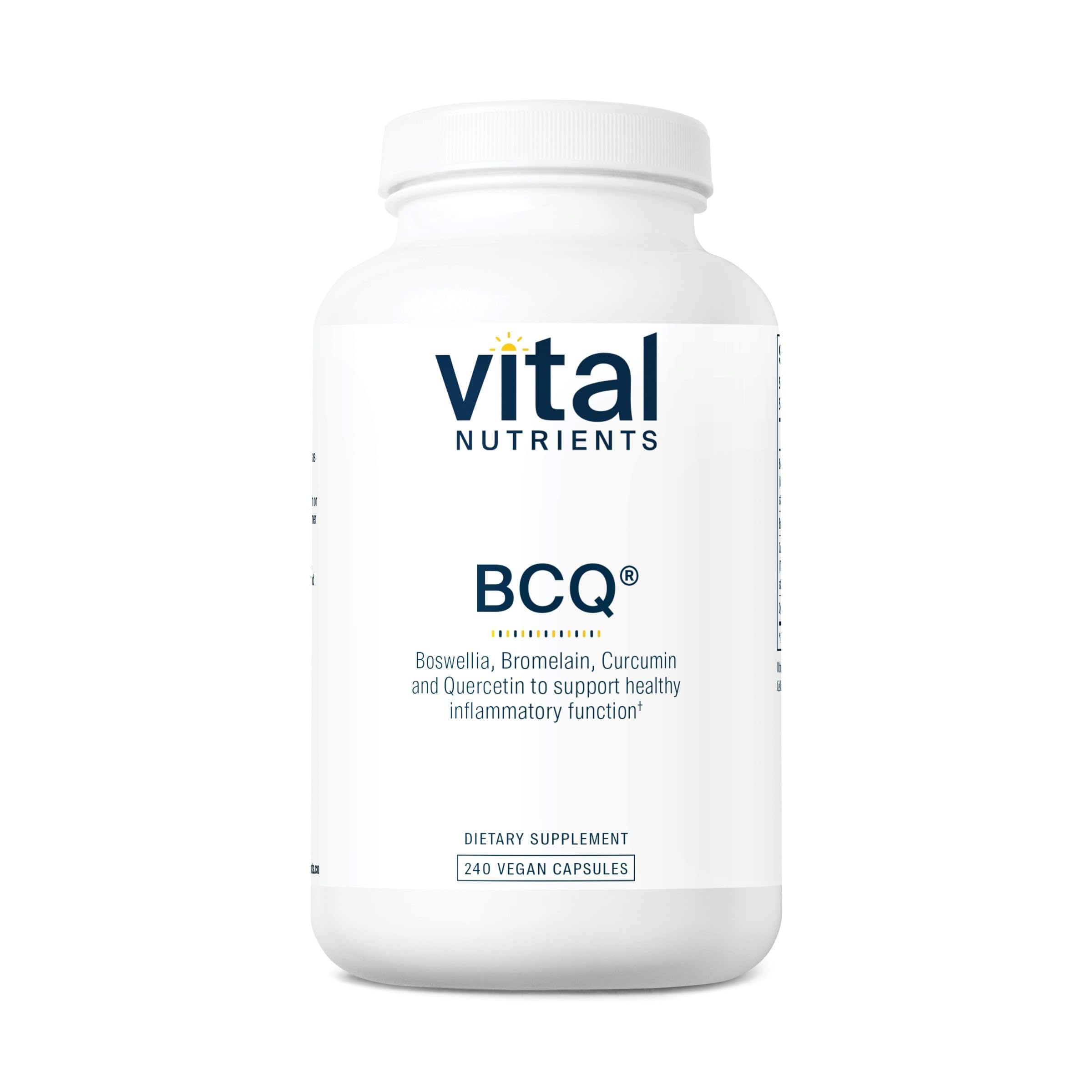 Vital Nutrients BCQ frasco frontal mostrando cápsulas y beneficios