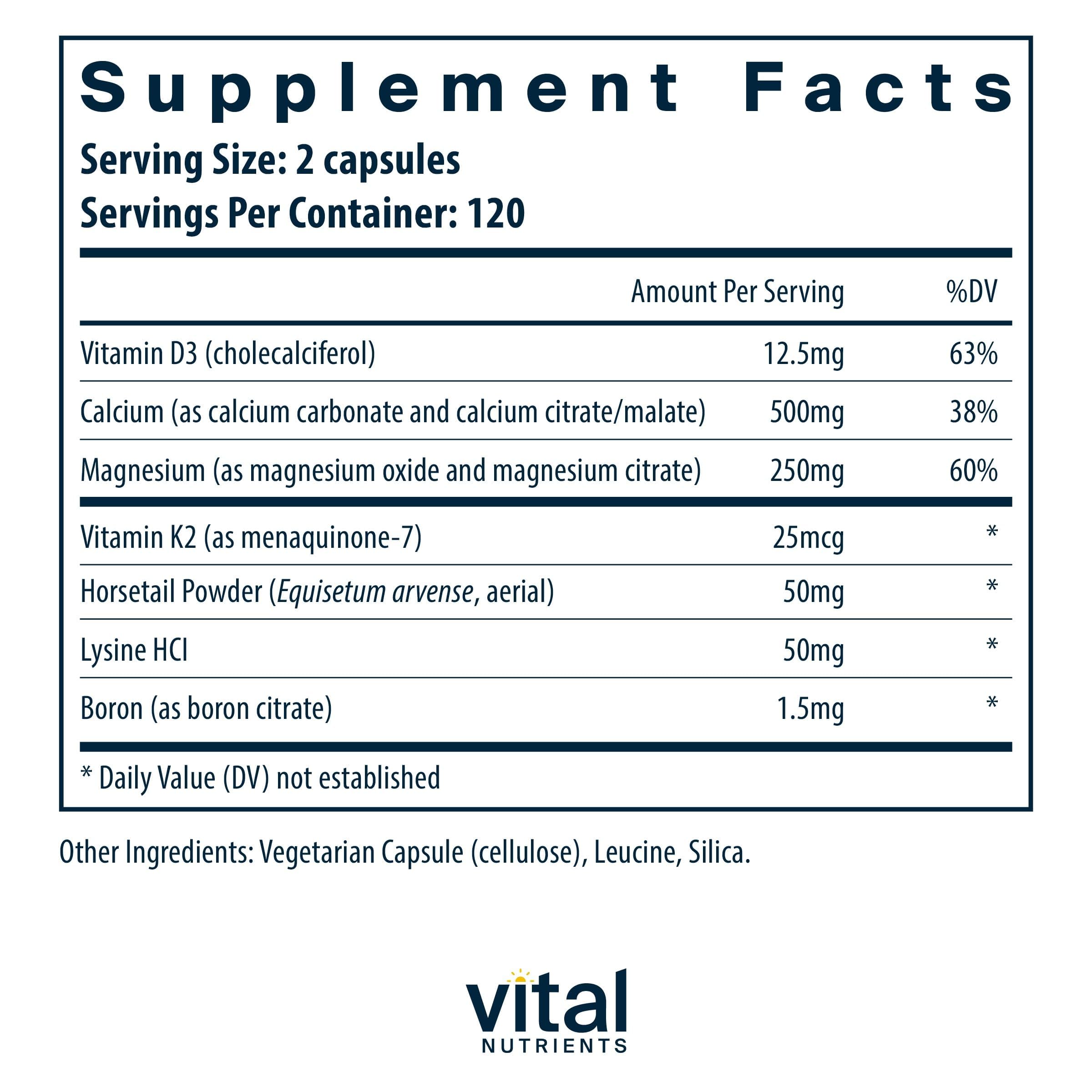 Vital Nutrients cápsulas apiladas que muestran cantidad y fácil dosificación
