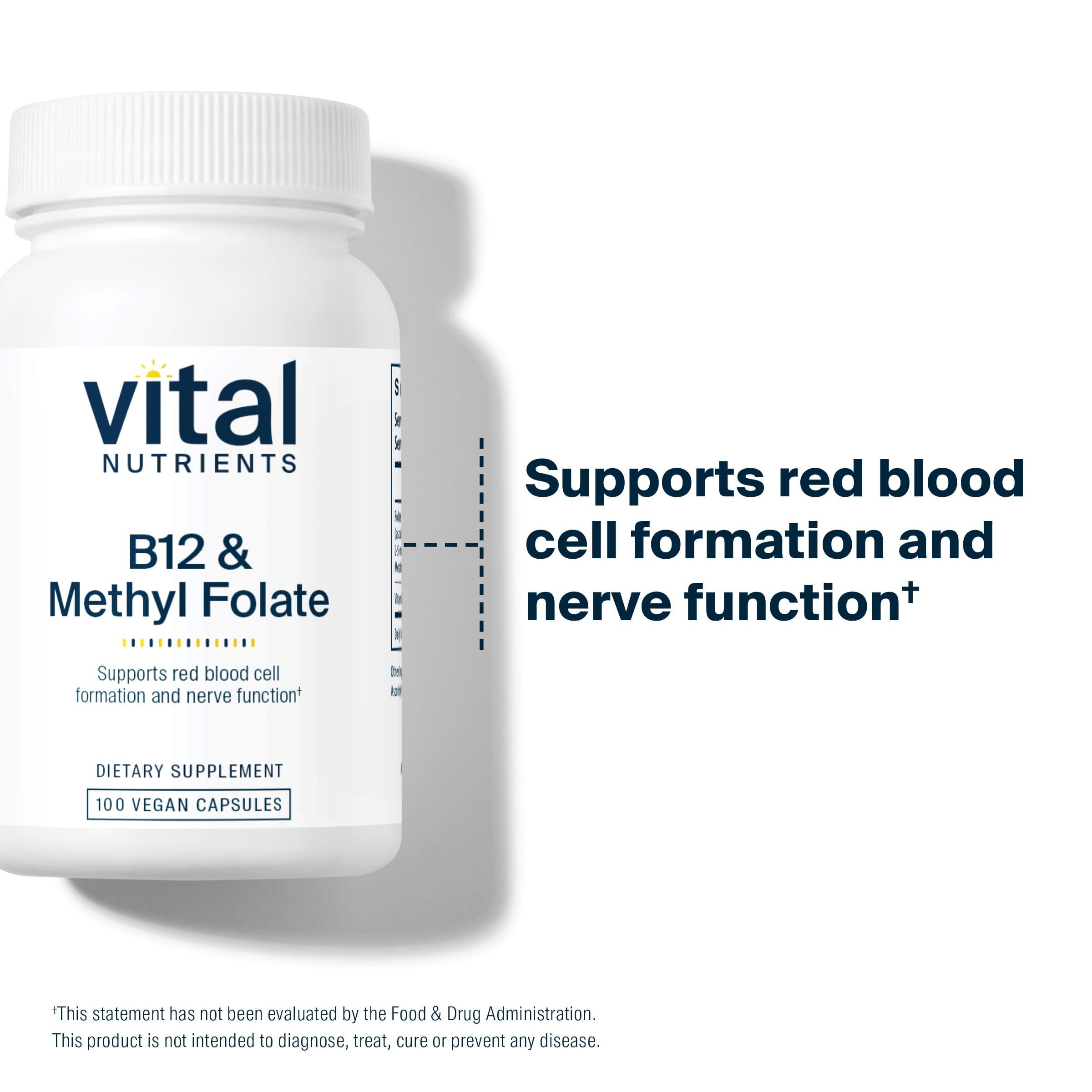 Vital Nutrients detalle de etiqueta resaltando dosis de L‑5‑MTHF y pruebas de calidad