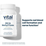 Vital Nutrients detalle de etiqueta resaltando dosis de L‑5‑MTHF y pruebas de calidad