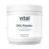Vital Nutrients frasco frontal de DGL en polvo, presentación clara y limpia