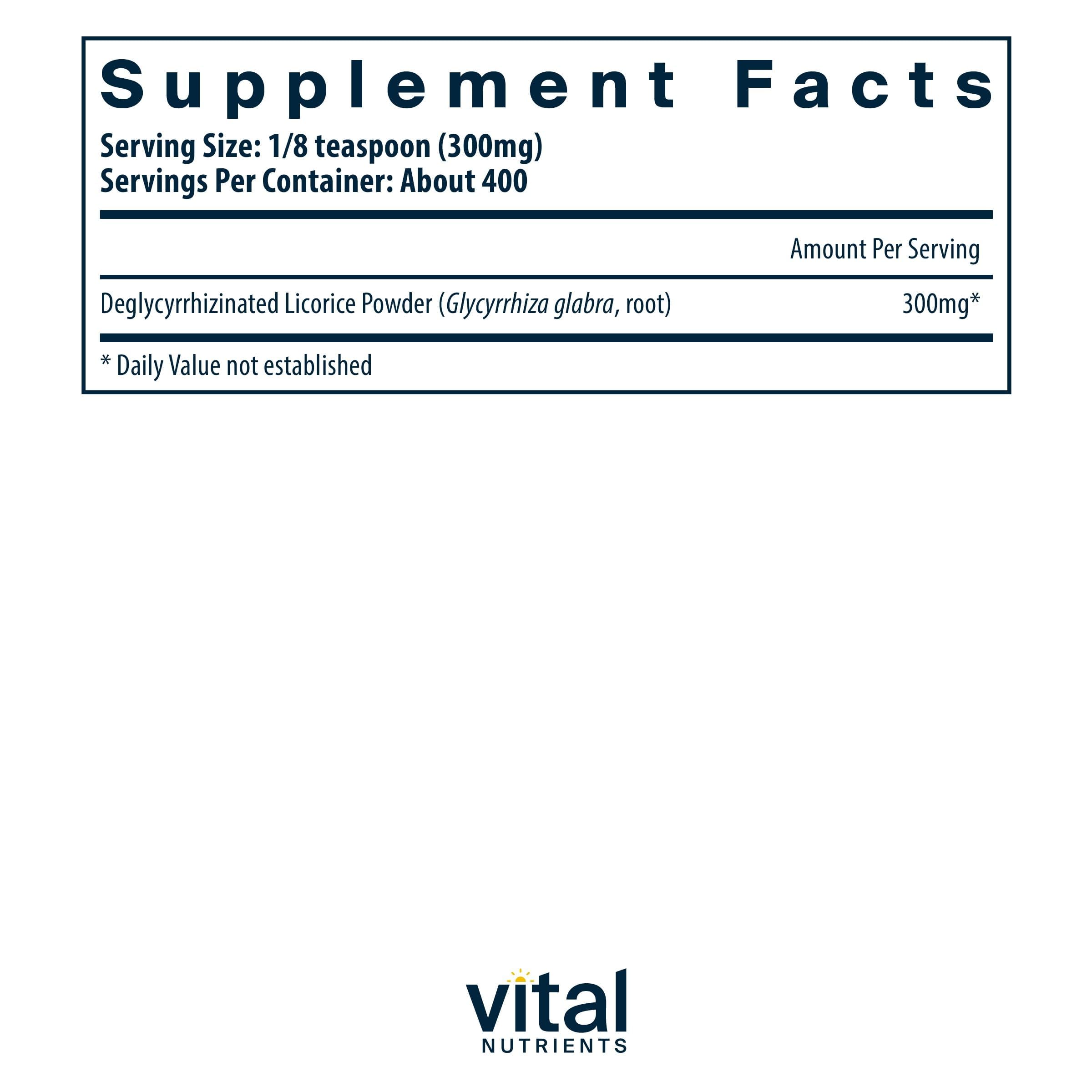 Vital Nutrients polvo de DGL en cuchara, textura fina para dosificar fácil