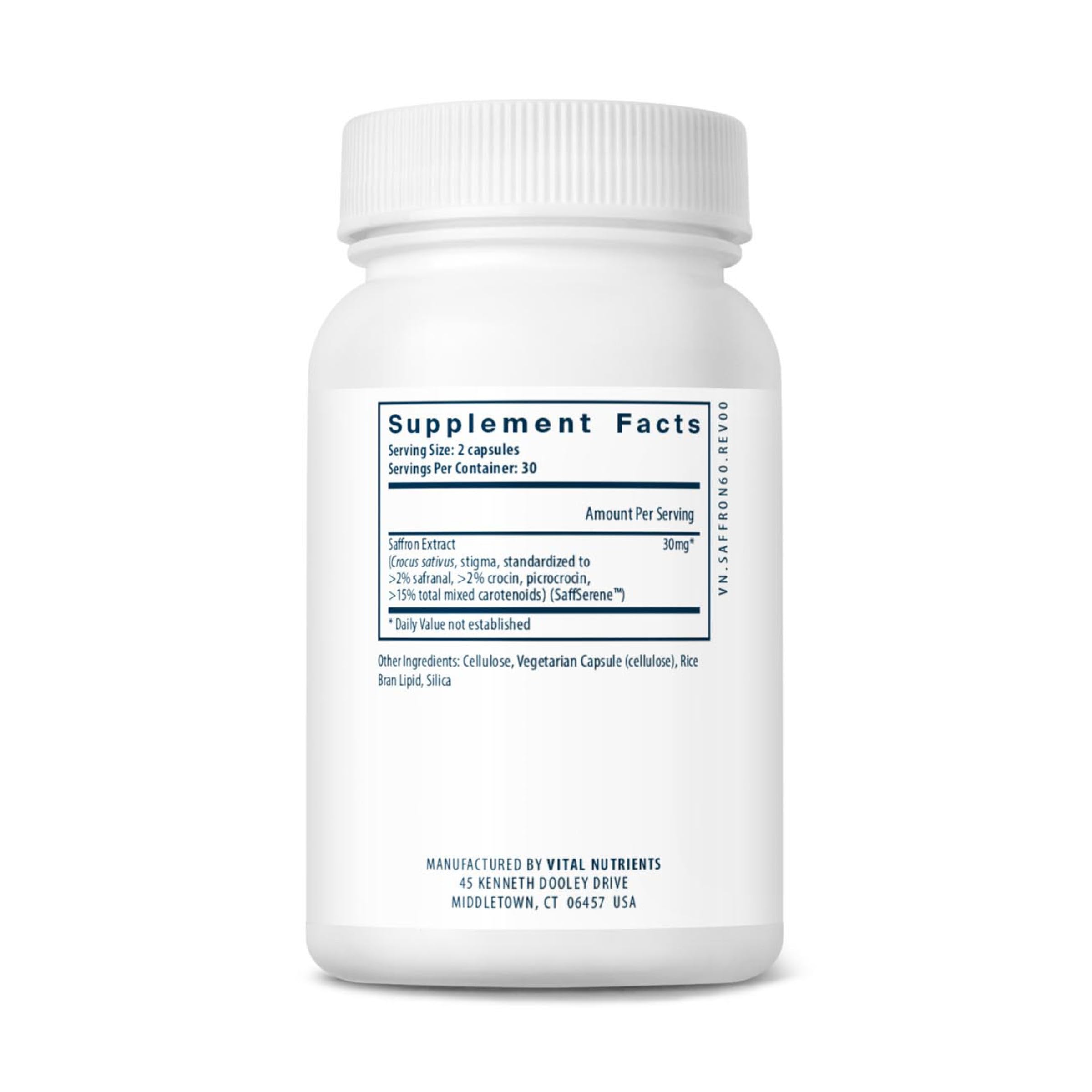 Vital Nutrients etiqueta con información de dosis y pruebas de calidad