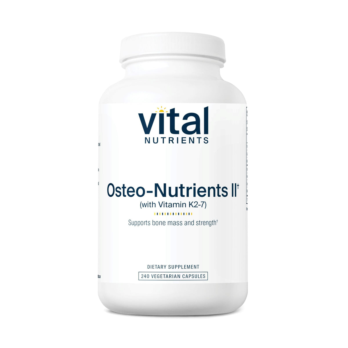 Vital Nutrients frontal del empaque mostrando ingredientes y beneficio óseo