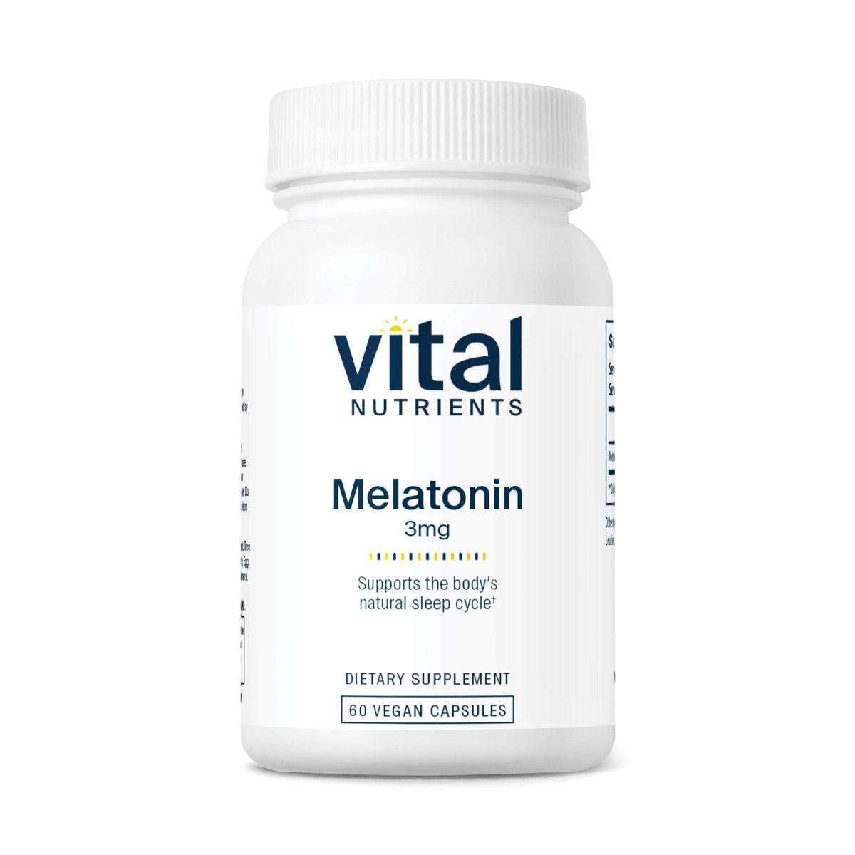 Vital Nutrients frasco frontal de melatonina 3mg mostrando diseño y beneficio limpieza